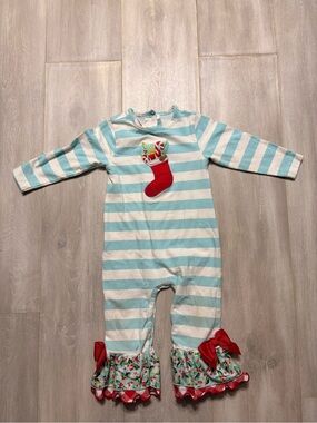 Girls Teal and White Striped Holiday Stocking One-Piece